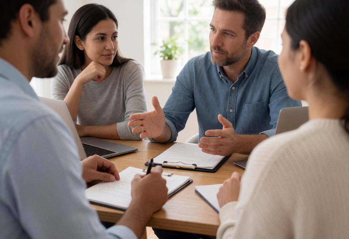 Four professionals sit around a table in an office during a coaching session, with one person speaking while others listen and take notes on laptops and notebooks.
