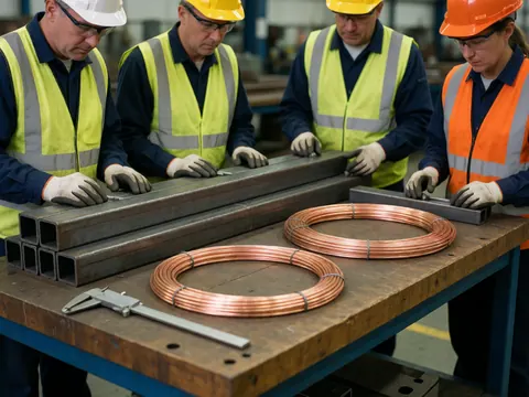 Close-up view of industrial production materials including steel, copper, and wood alongside precision measuring tools and safety gear on a workbench in a manufacturing facility