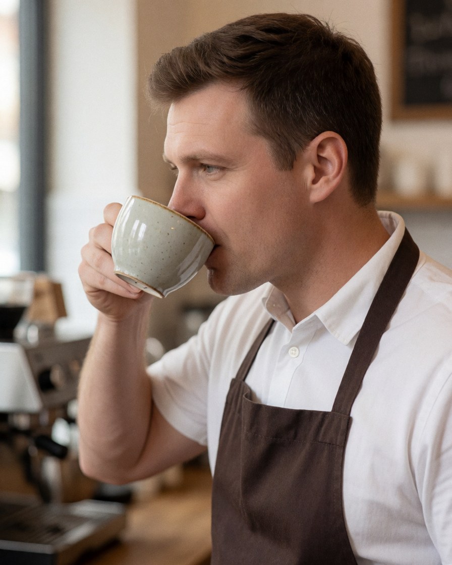 A smiling barista relaxes with a ceramic coffee cup in a warm and inviting cafe setting