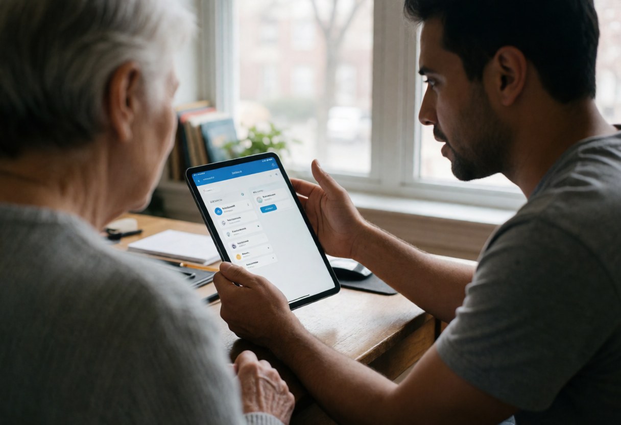 A software consultant explains an app interface on a tablet to a client in a home office with natural light and a wooden desk.