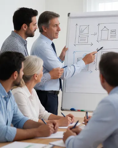 Professional team discussing project strategy while drawing diagrams on a whiteboard during a collaborative meeting