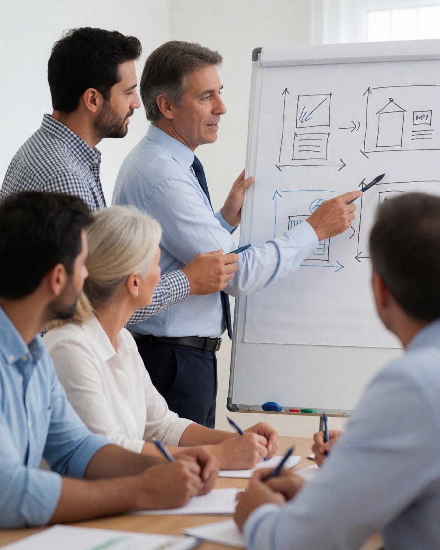 Professional team discussing project strategy while drawing diagrams on a whiteboard during a collaborative meeting