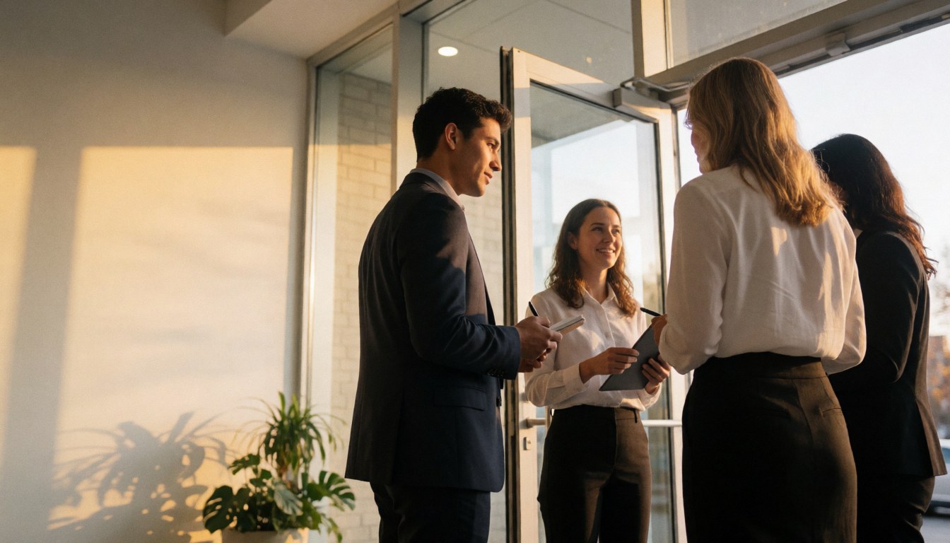 Business professionals discussing documents near a glass university entrance with warm lighting and plants