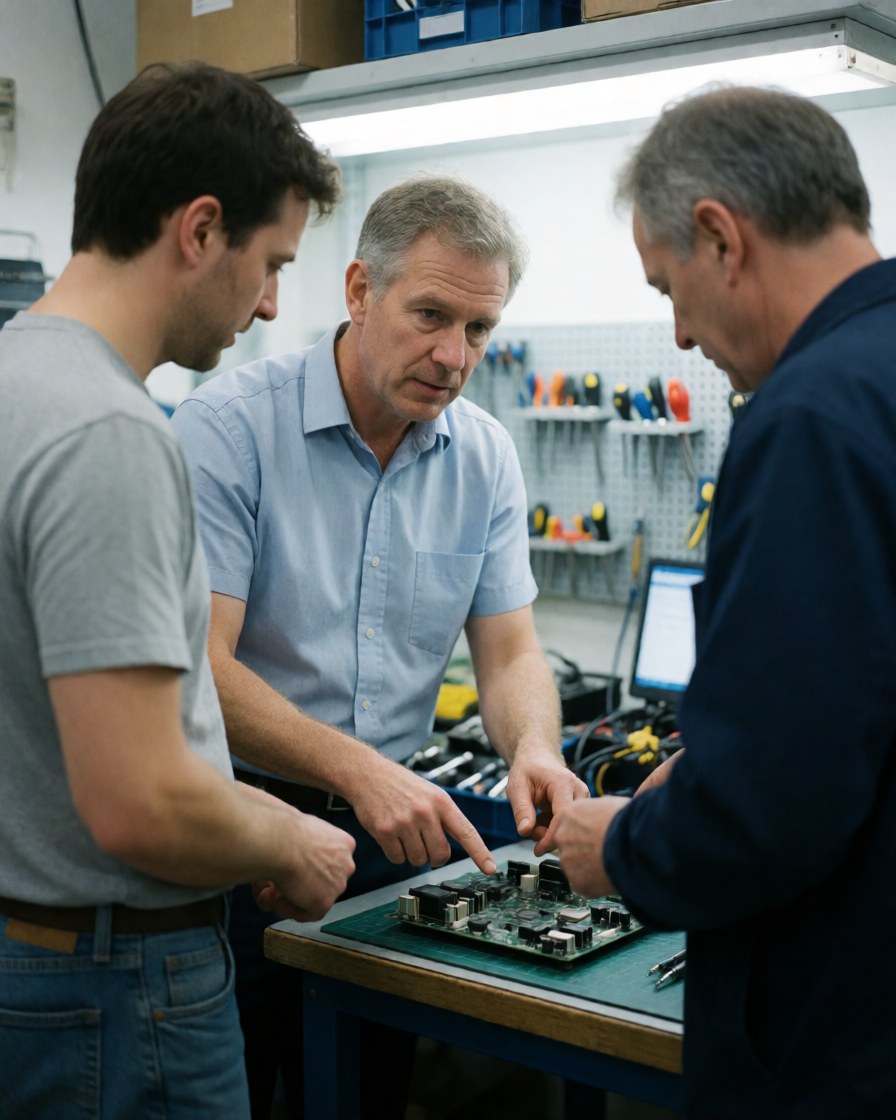 Three technicians examine a circuit board in a professional lab setting with tools and a computer visible in the background.