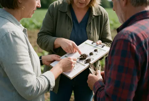 An agricultural consultant displays soil samples to a client in a field while reviewing data on a sheet with tools.