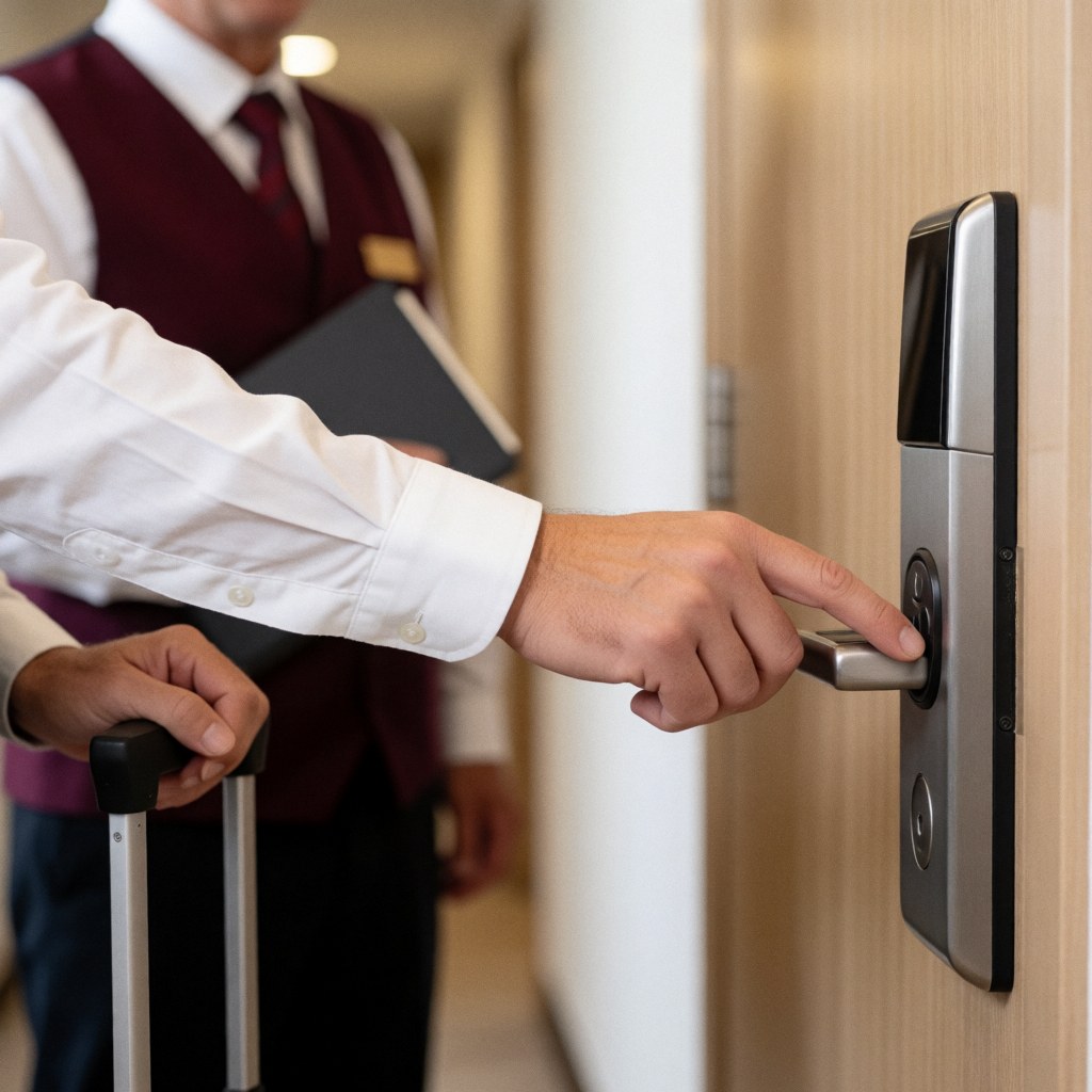 A close-up view of a hand holding a key card near the door handle as a guest enters a hotel room corridor.