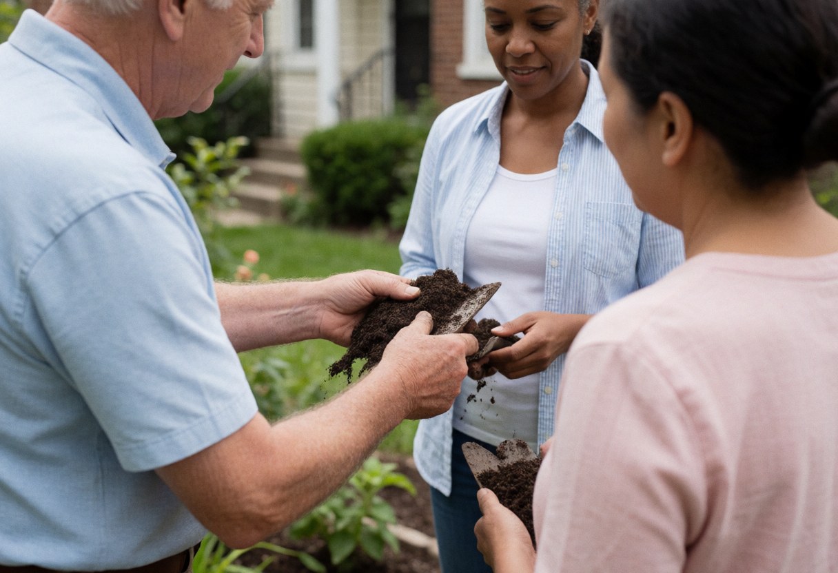 A landscaper shows soil to two clients in an urban garden using tools in a natural scene with diffused light