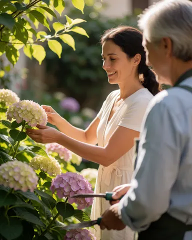 A smiling client looks at an ivy planter in a sunny garden with tools and flowers nearby.