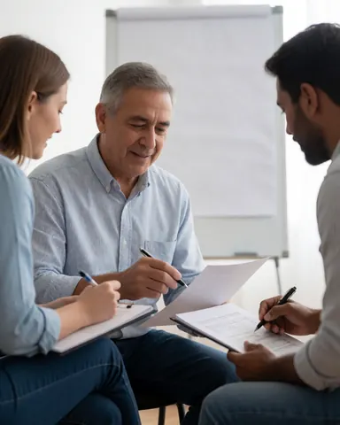 Three people sitting in a meeting reviewing documents and taking notes in an office with natural light and a whiteboard in the background