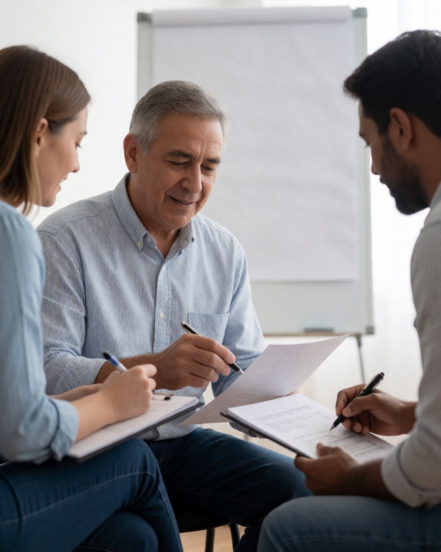 Three people sitting in a meeting reviewing documents and taking notes in an office with natural light and a whiteboard in the background