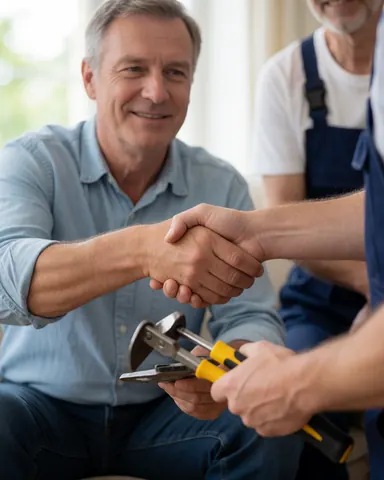 A smiling customer shakes hands with a plumber holding tools, showing satisfaction with the completed plumbing work at home.