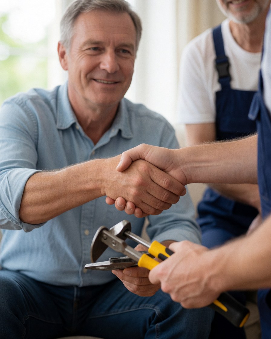 A smiling customer shakes hands with a plumber holding tools, showing satisfaction with the completed plumbing work at home.