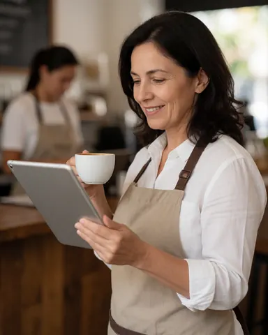 A satisfied customer smiling while holding a coffee cup, indicating a positive experience and high-quality customer service.
