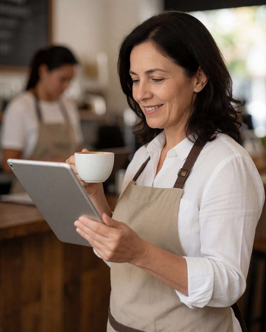 A satisfied customer smiling while holding a coffee cup, indicating a positive experience and high-quality customer service.