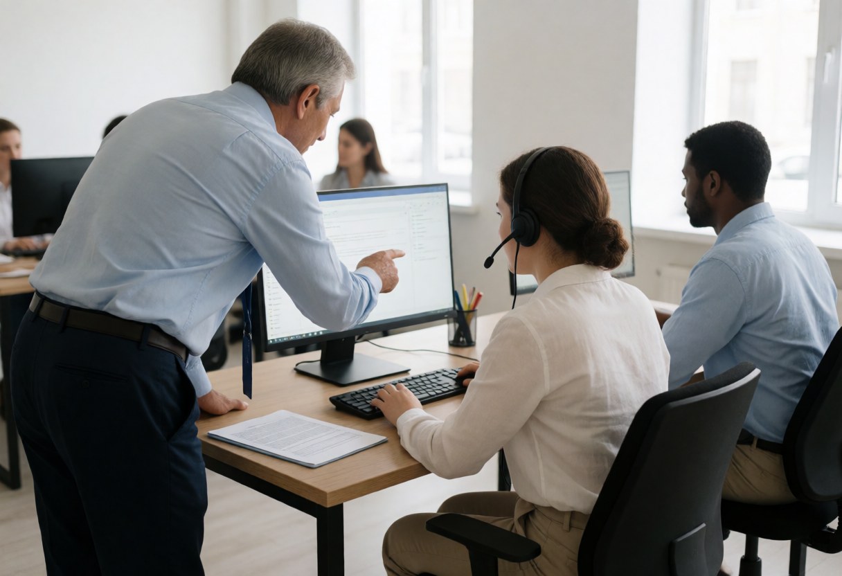 A supervisor stands behind a seated customer service agent wearing a headset, monitoring their work on a computer screen in a bright, modern office environment.