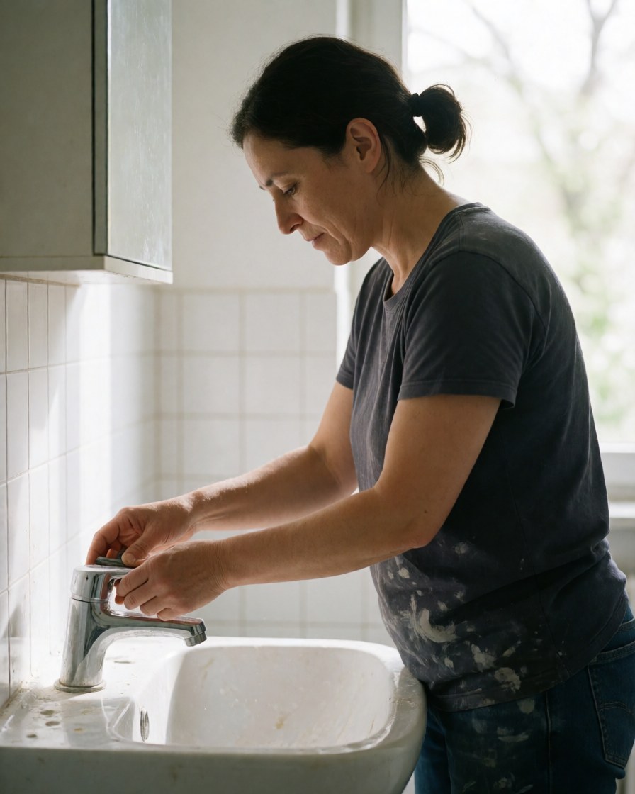 Smiling woman adjusts a new faucet in a bright bathroom with white tiles and natural light, showing satisfaction with the plumbing renovation.
