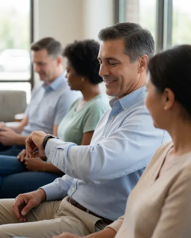 A satisfied customer waits in a bright office, checking their watch and smiling, creating a relaxed and professional atmosphere.