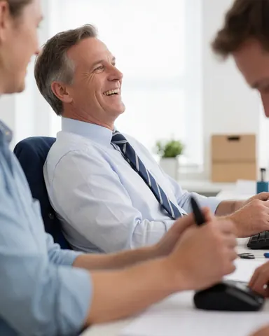 A smiling businessman in a shirt and tie sits at a modern office desk using a computer, looking satisfied with his work results.