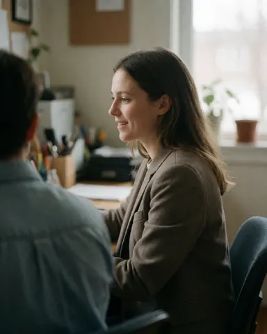 A smiling woman sits at a desk in an office meeting, facing a computer with a window and plant in the background while communicating with a colleague.