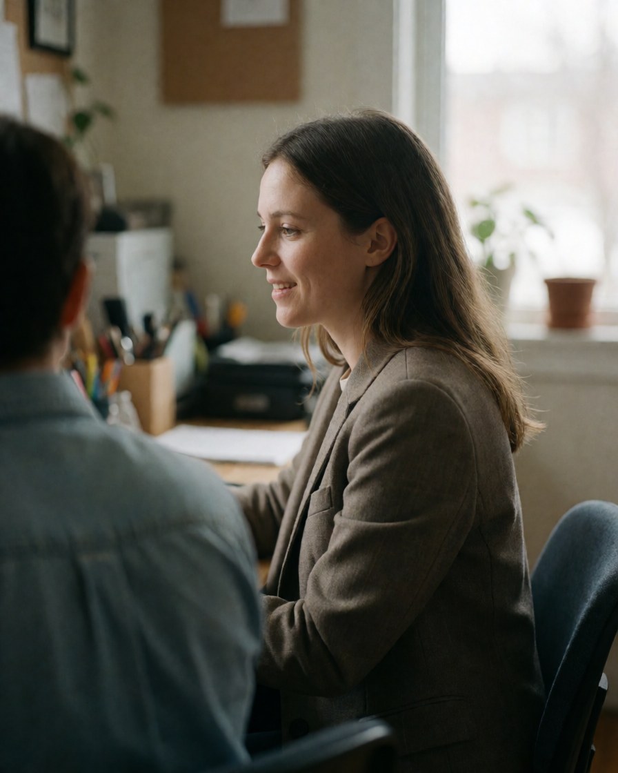 A smiling woman sits at a desk in an office meeting, facing a computer with a window and plant in the background while communicating with a colleague.
