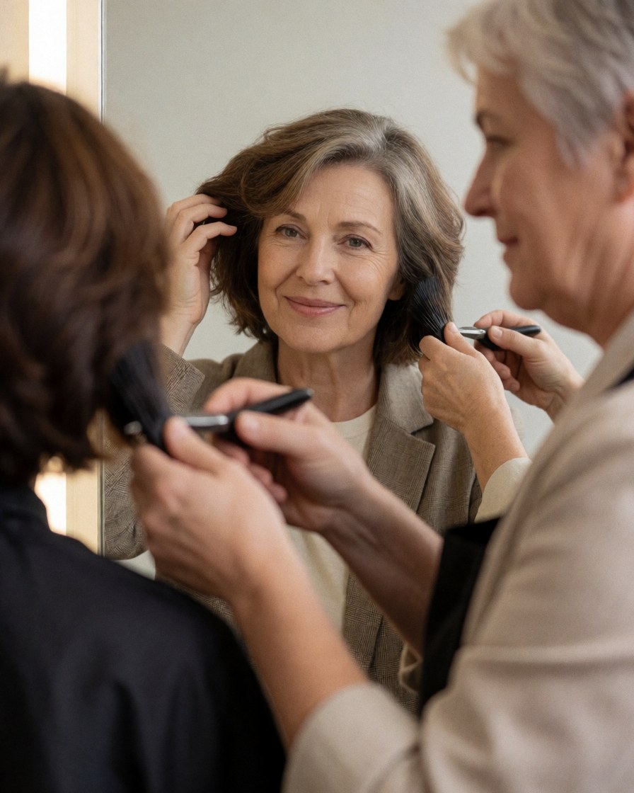 A senior woman smiles while looking at her new haircut in the mirror as a stylist combs her hair in a professional salon.