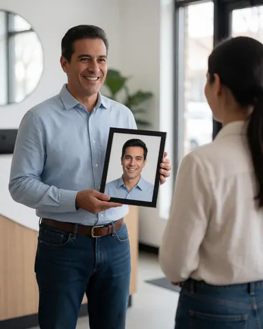 A smiling man stands proudly holding a framed digital portrait in a professional photo studio setting.