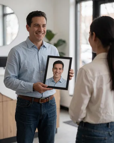 A smiling man stands proudly holding a framed digital portrait in a professional photo studio setting.