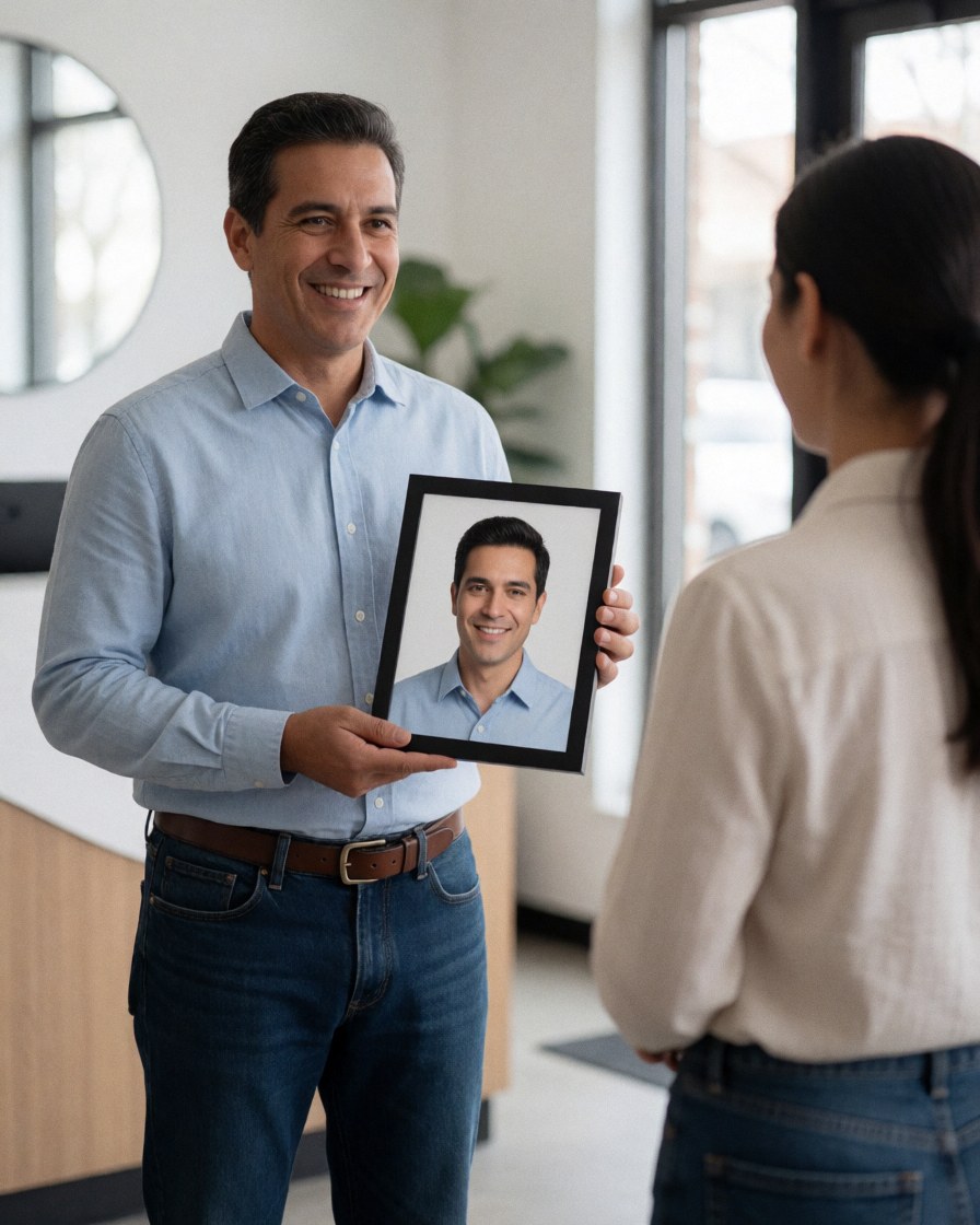 A smiling man stands proudly holding a framed digital portrait in a professional photo studio setting.