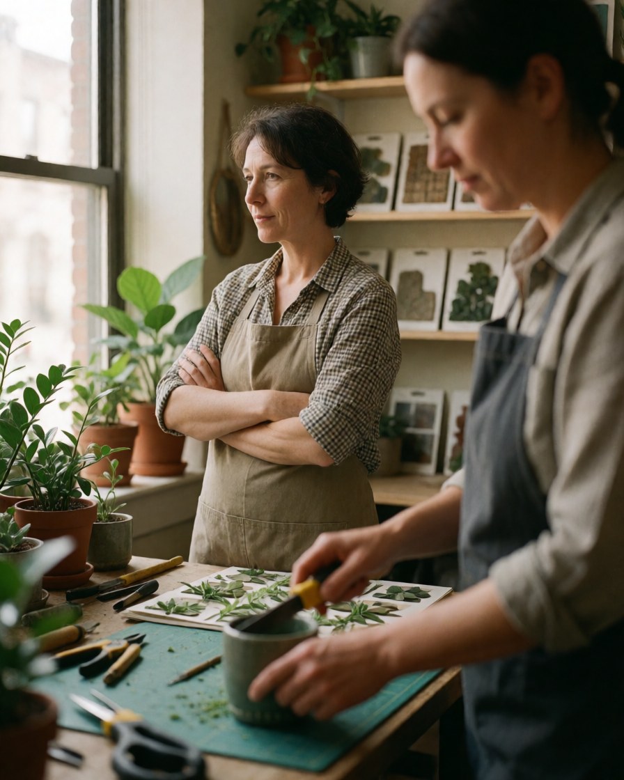 A female landscape designer sits at a desk in an office, surrounded by plants, pots, and design tools, working on a project near a window with natural light.