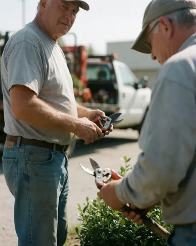 A senior landscaper standing outdoors holding gardening tools, ready for professional landscaping work on a sunny day.