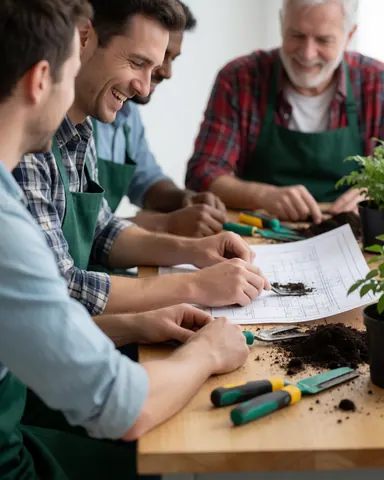 Three smiling gardeners review a landscaping blueprint on a wooden table surrounded by tools and soil during a collaborative work session.