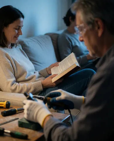 A relaxed woman sitting comfortably on a sofa in a cool room, enjoying the fresh air conditioning while reading a book at home.