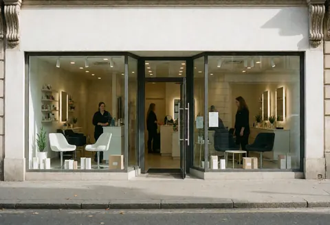 Exterior view of a modern dog grooming business featuring a clean glass storefront, entrance, and interior seating area with bright natural lighting.