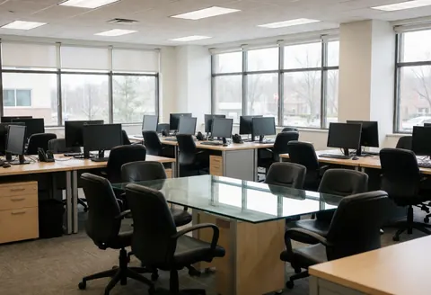 Spacious empty modern office featuring desks, chairs, computers, and a large glass conference table with natural light from large windows.