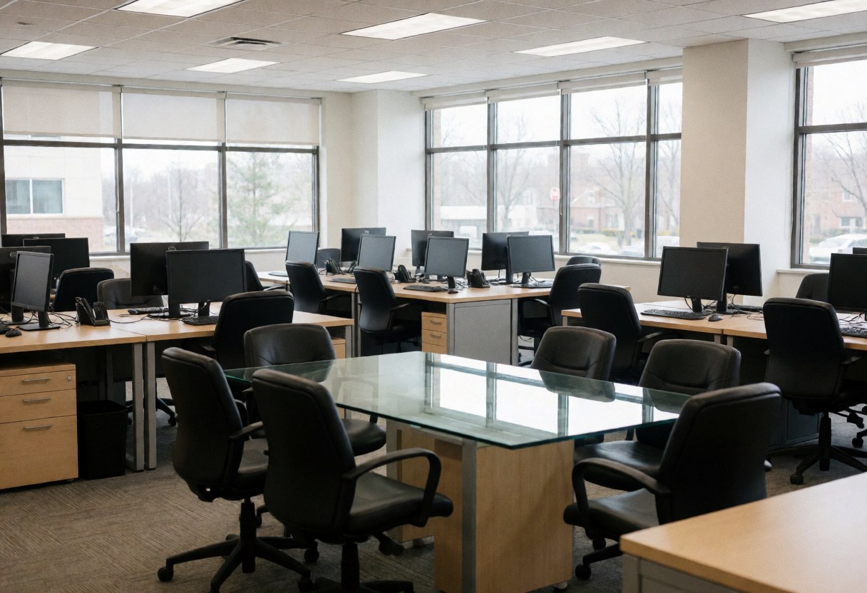 Spacious empty modern office featuring desks, chairs, computers, and a large glass conference table with natural light from large windows.