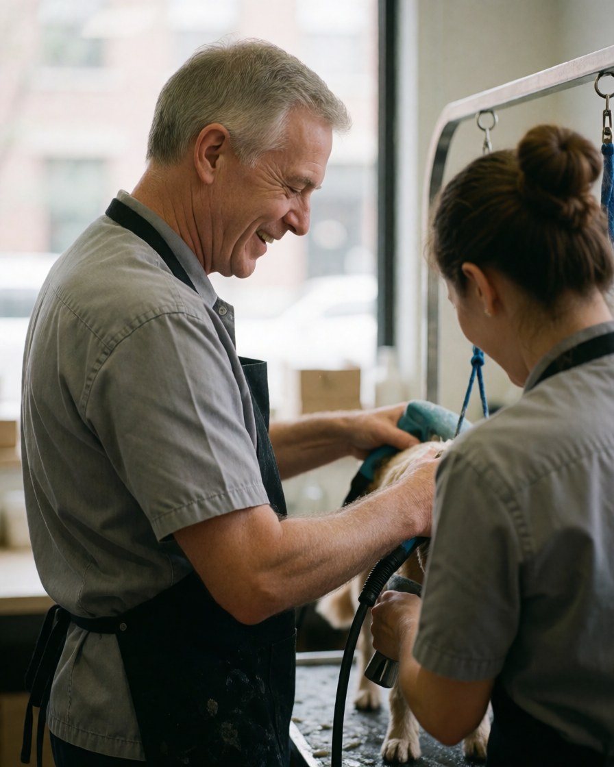 A team of professional groomers working together in a clean salon environment