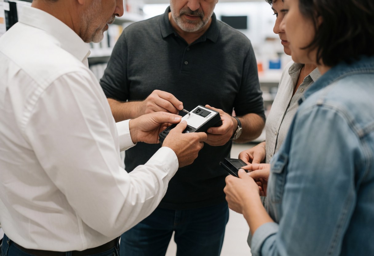A salesperson holds a cash register while a customer uses a credit card to make a payment in a retail store setting.