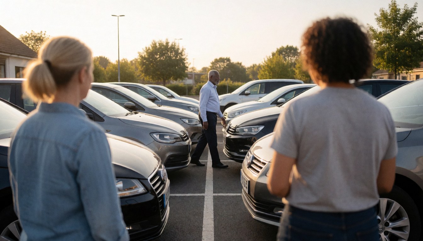 Driving instructor walking between training cars in a parking lot at sunset with two people watching from the front