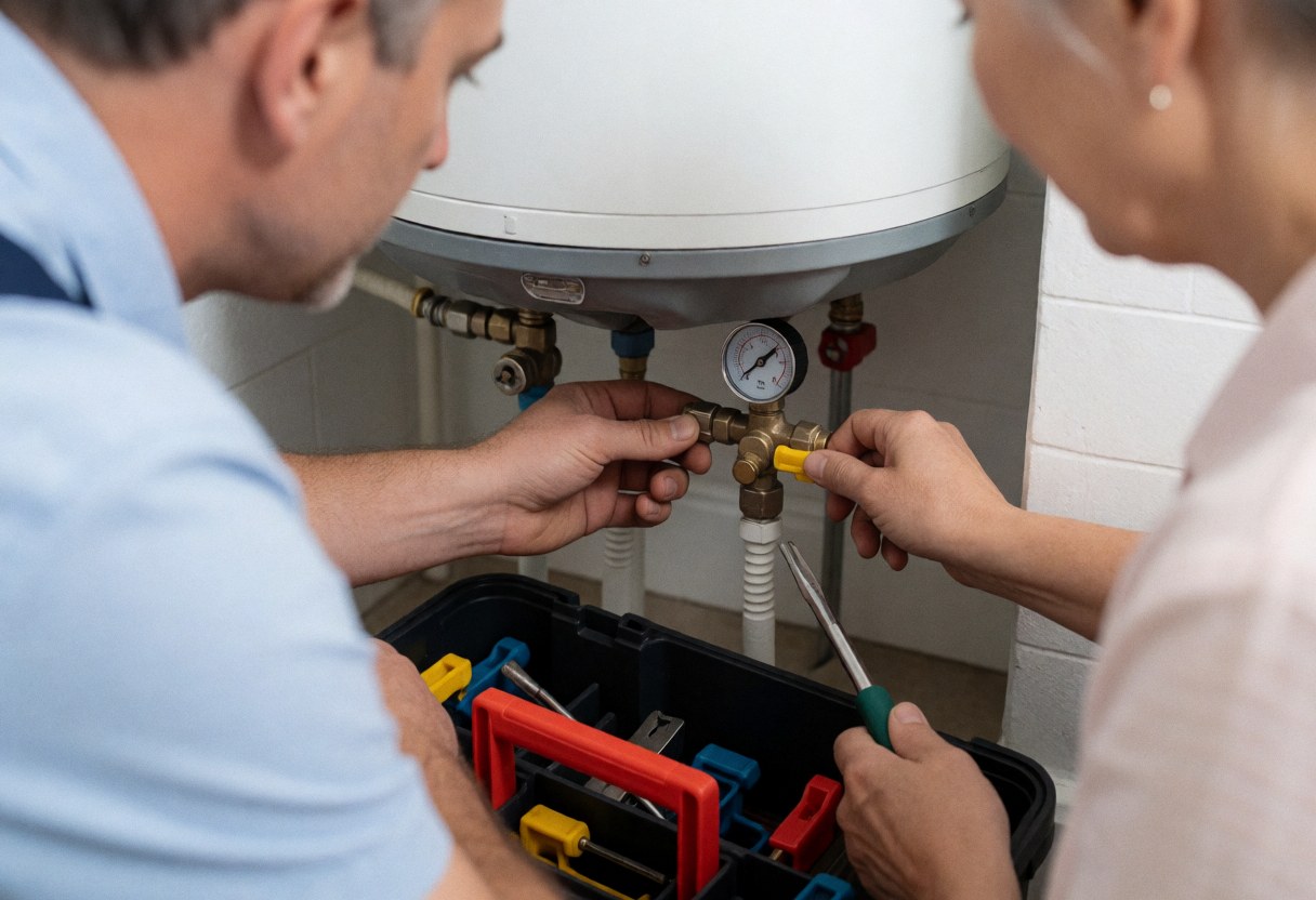 A plumber checks boiler valves using tools in a bright room with white walls and an open toolbox on the floor.
