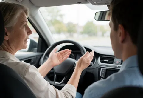Female driving instructor explains traffic rules to a student while driving, showing the steering wheel, mirror, and car interior in natural daylight.