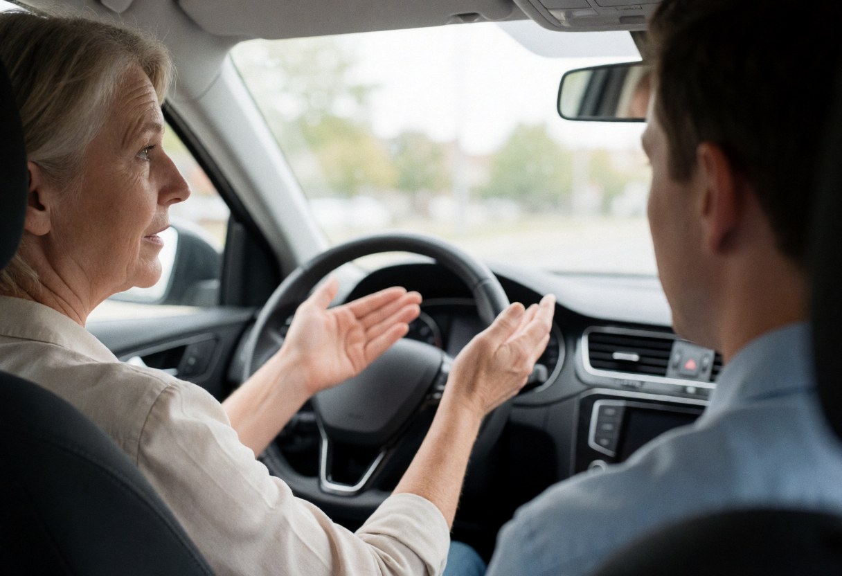 Female driving instructor explains traffic rules to a student while driving, showing the steering wheel, mirror, and car interior in natural daylight.