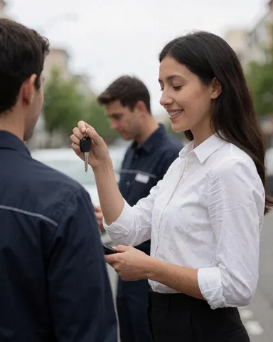 A professional driver hands over car keys to a smiling client on a city street while two men watch in the background.