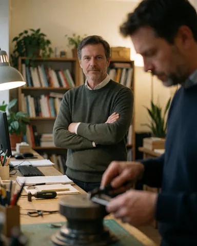 A male office supervisor stands with arms crossed looking at the camera while another man works with tools at a desk with books and plants.