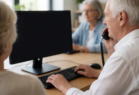 A receptionist answers a phone call while typing on a keyboard in a modern office with natural light