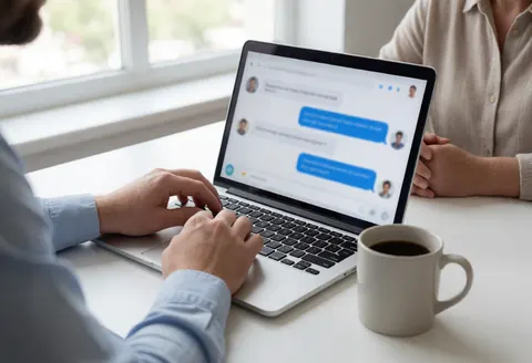 Close-up view of hands typing on a laptop keyboard with a coffee mug nearby, representing digital customer service and professional support work