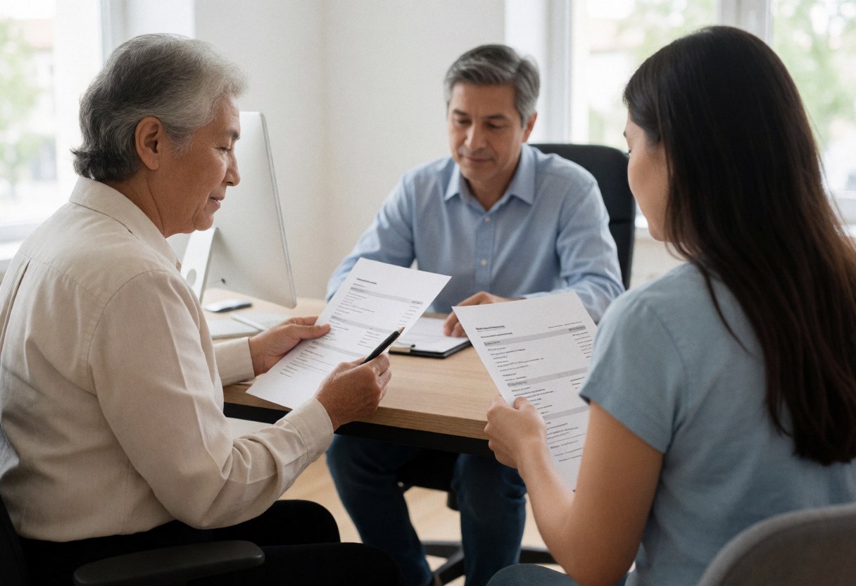 Recruiter reviewing a resume with a candidate in a modern office, three people sitting at a table with documents and a computer, natural light from a window.
