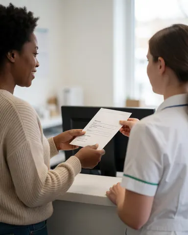 A smiling customer holding an envelope with clinical results after visiting a medical laboratory