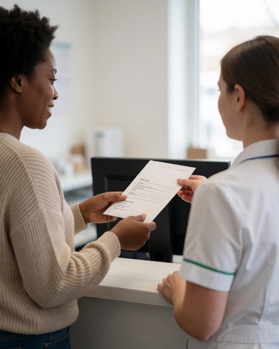 A smiling customer holding an envelope with clinical results after visiting a medical laboratory