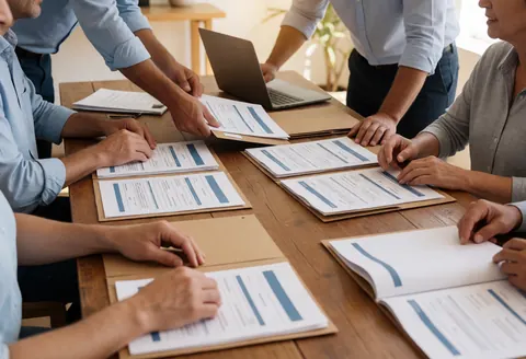 Professionals gathered around a wooden table in an office, examining folders and documents during a collaborative work session.