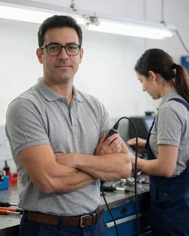 Male technician wearing glasses and polo shirt holding a diagnostic tool, standing with arms crossed in a repair workshop with fluorescent lighting and a work table.